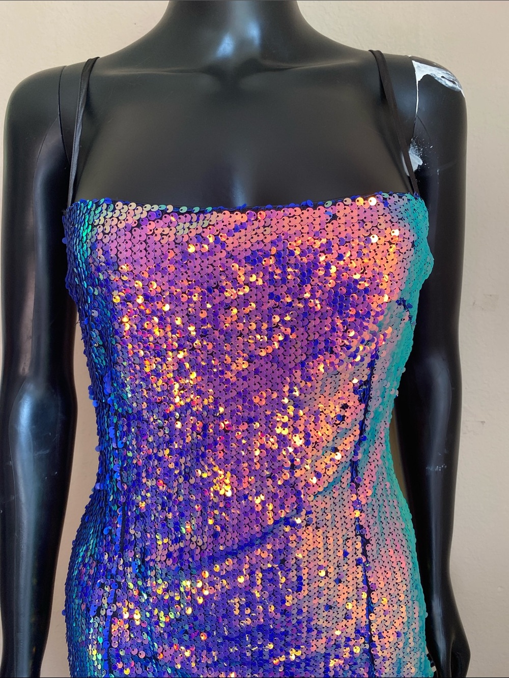 Iridescent Multi-Sequin Cowl Midi Dress - Black Straps - Picture 3 of 12